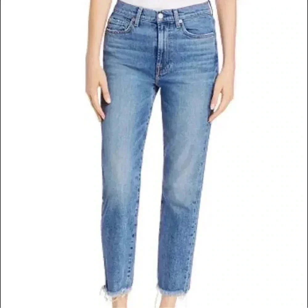 7 For All Mankind High Waist Cropped Straight Distressed Hem Jeans Size 26